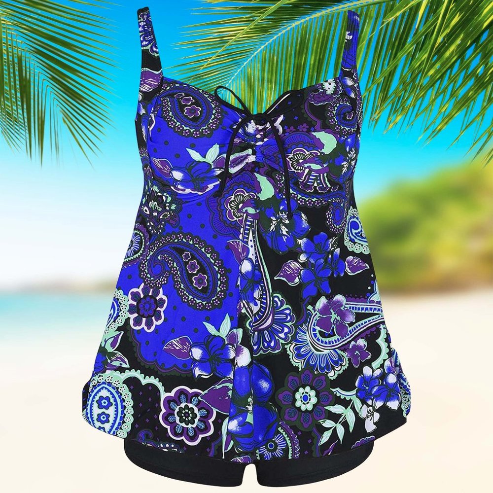 Plus Size Tankini Set, Royal Blue, Paisley Floral 2pc Swimsuit Womens 26 - Picture 5 of 7